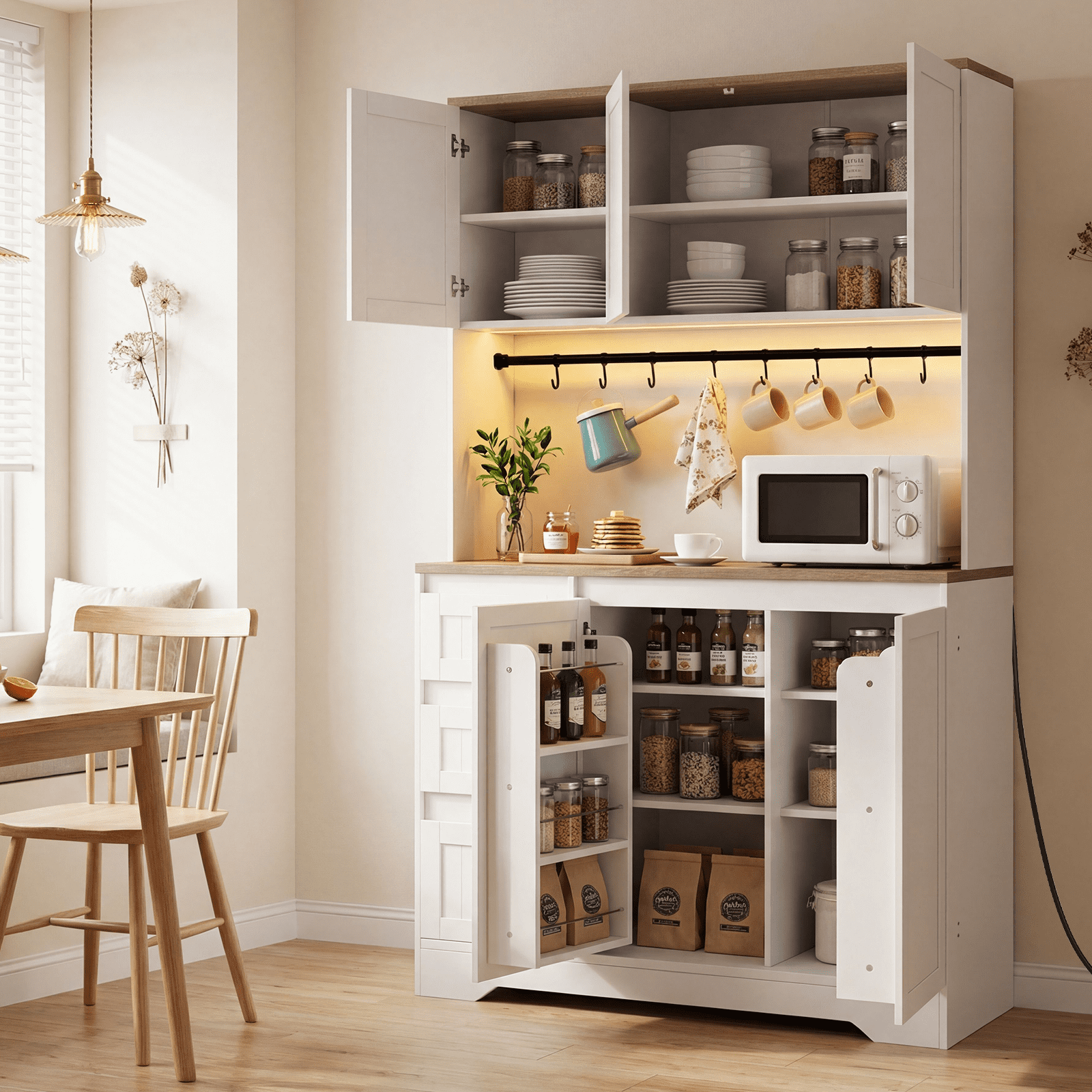 Netraty 71" Pantry Cabinet with Charging Station, Large Capacity Kitchen Hutch Storage Cabinet, Kitchen Cabinet with Microwave Stand, Storage Drawers & Adjustable Shelves for Dining Room, White