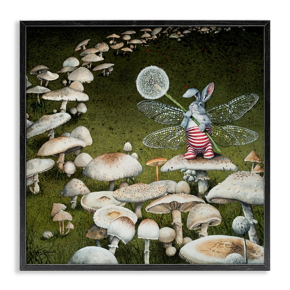 Stupell Industries Fairy Bunny on Mushroom Landscape Painting Black Framed Art Print Wall Art, 12 x 12