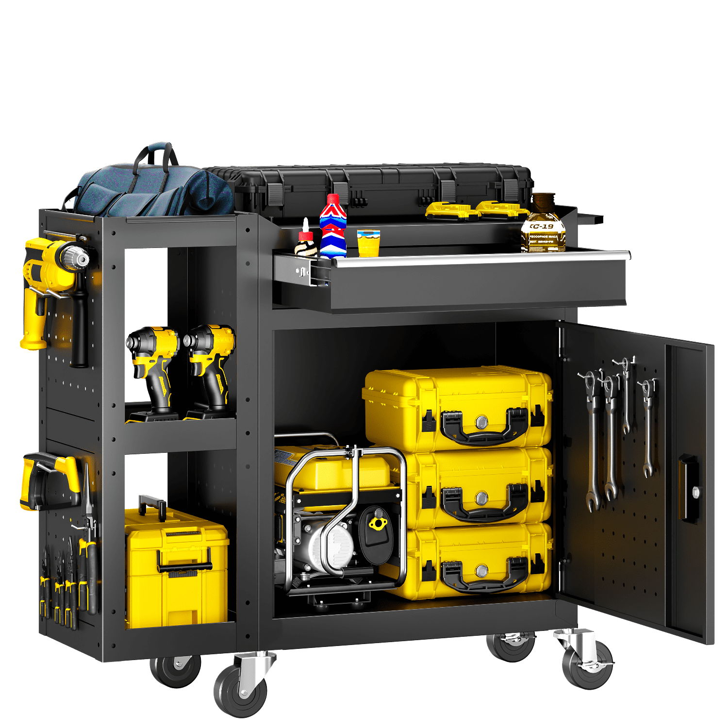 Gewna 5 Drawers Rolling Garage Tool Chest with Locking System,Metal  Storage Cart  with Side Cabinet,Protective Liner & Tool Rack for Garage Workshop