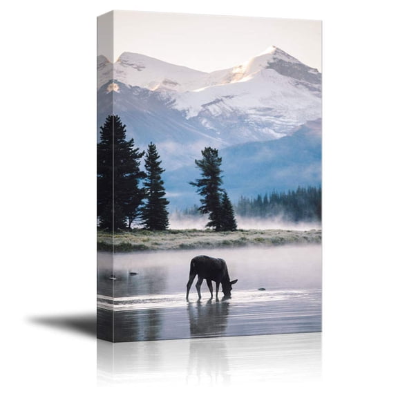 wall26 - Canvas Wall Art - Cow Drinks Water Background with Mountain - Giclee Print Gallery Wrap Modern Home Art Ready to Hang - 32x48 inches