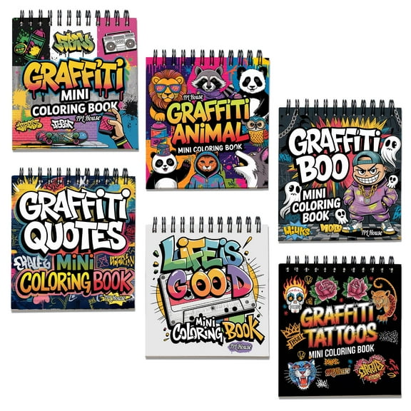 Graffiti Mini Coloring Book Spiral Bound for Adult, Pack 6, 3.5” x 3.5” Pocket Size, 40 Coloring Pages Stress & Anxiety Relief, Travel for Women Men