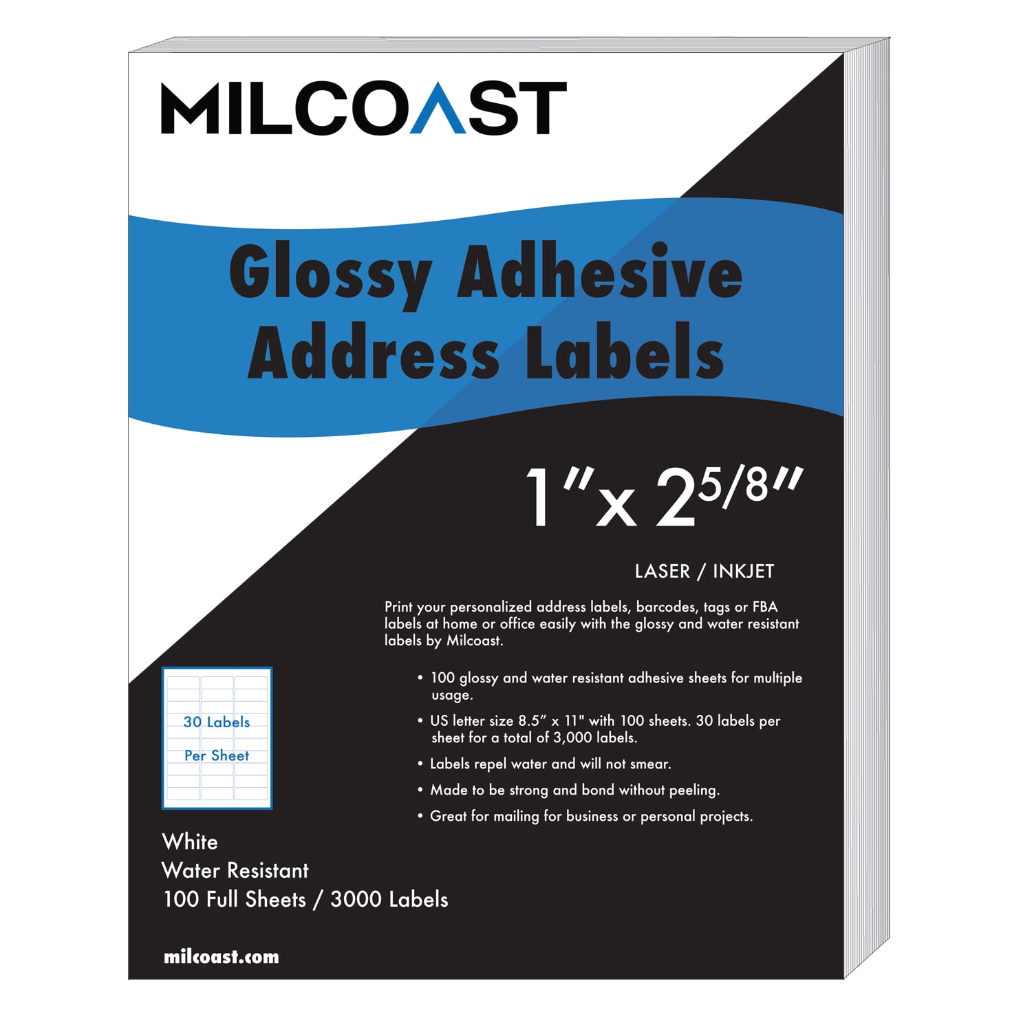 Milcoast Glossy Address Labels 30 Per Sheet 1" x 25/8" Water Resistant