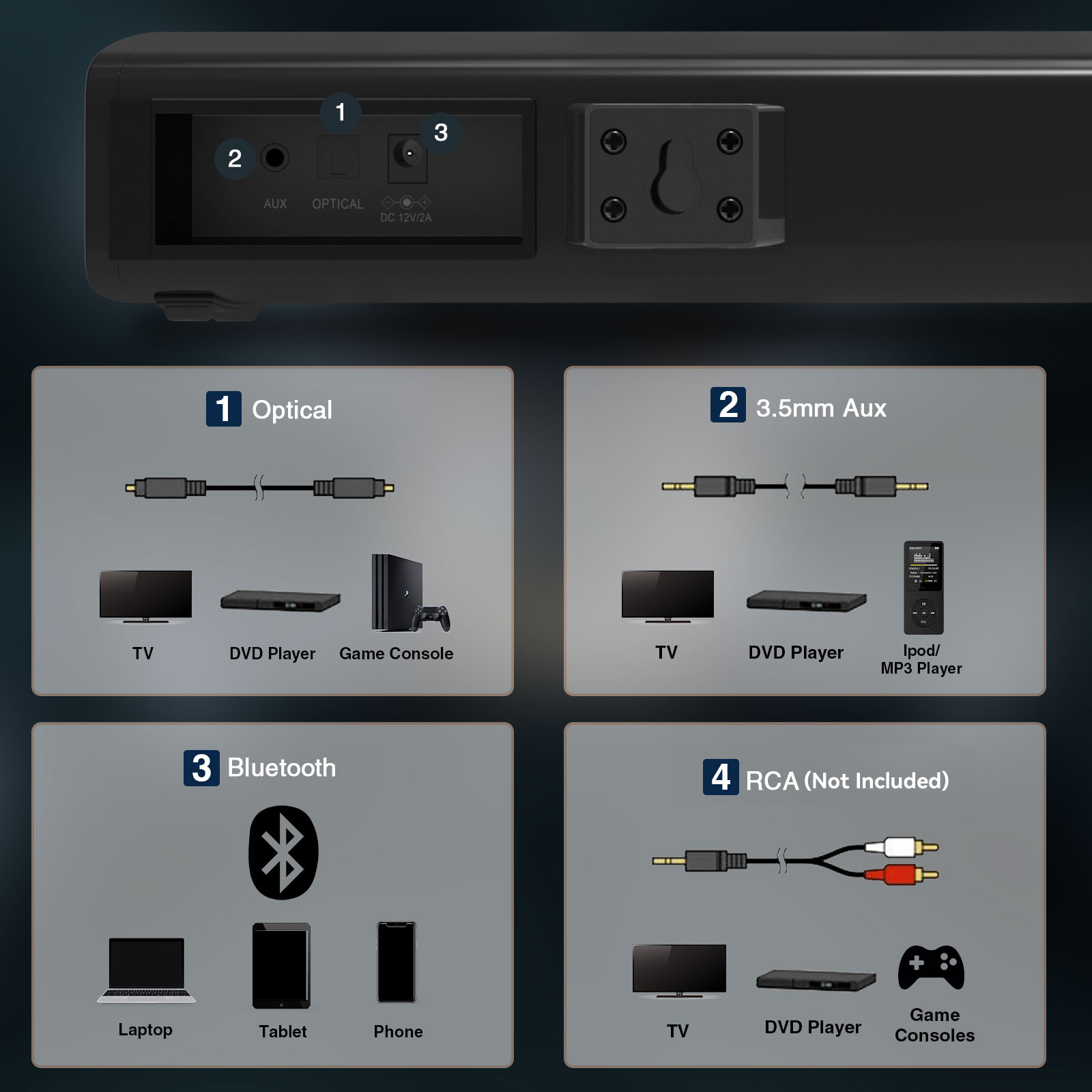 GCZ 50W Bluetooth Sound Bar with Subwoofer, Optical Input, RCA, 3D Surround Home Audio TV Speakers