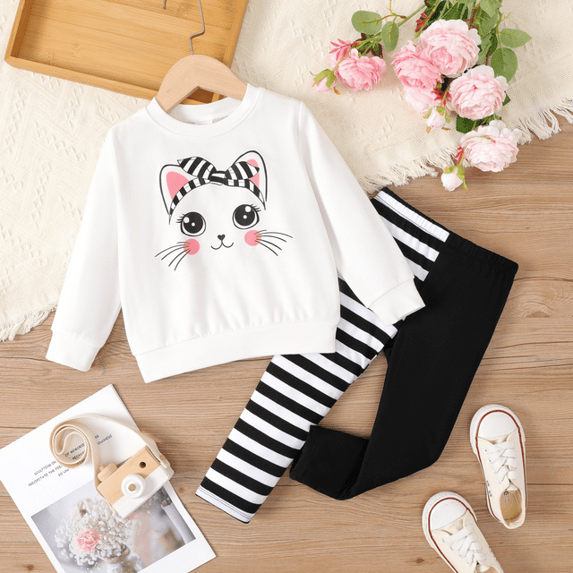 PatPat Ensemble de 2 Pcs pour Tout-Petite Fille Motif Chat Tissu Couture Design