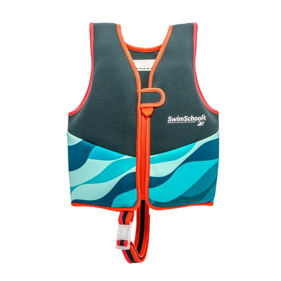 New SWIMSCHOOL Neoprene Premium Swim Trainer Vest - Small/Medium Up to 33 Lbs. - Easy On & Off Kids Swim Vest and Adjustable Safety Strap - Blue/Black/Green Wave