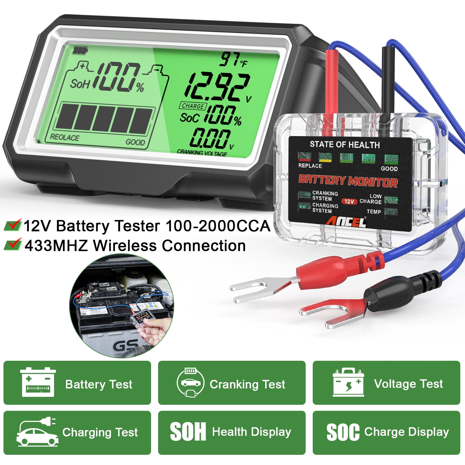 ANCEL BM200 PRO Battery Detect Monitor Tool 12V Car Battery Tester, 433MHz Wireless,Cranking Test Charging Test Car Battery Diagnostic Tool for 12V Batteries