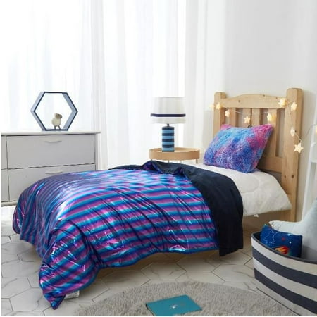 Your Zone Glimmer Throw Reverse to Super Soft Sherpa, Blue Cove Shiny