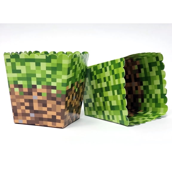 Miner Themed Pixel Grass Party Favor Snack Boxes for Video Gaming Birthday Parties, Vintage 8-Bit Birthday Party. Set of 12 Reversible Engineer Grass and Green Pixel Scalloped Popcorn Boxes