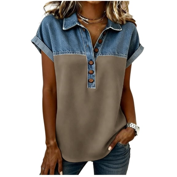 Ahdbta Faux Denim Shirts for Women Plus Size Button Up V Neck Collared Tops Summer Casual Short Sleeve Patchwork Western Blouses