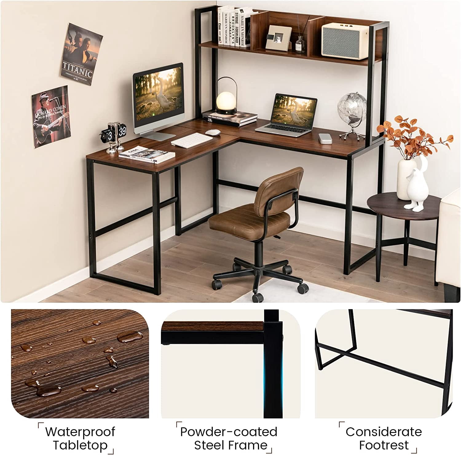 Neatifyes Reversible L-Shaped Desk with Hutch, Space Saving Corner Computer Desk with Storage Shelves, Home Office Study Writing Desk Computer Workstation with Storage Bookshelf, Gaming Desk