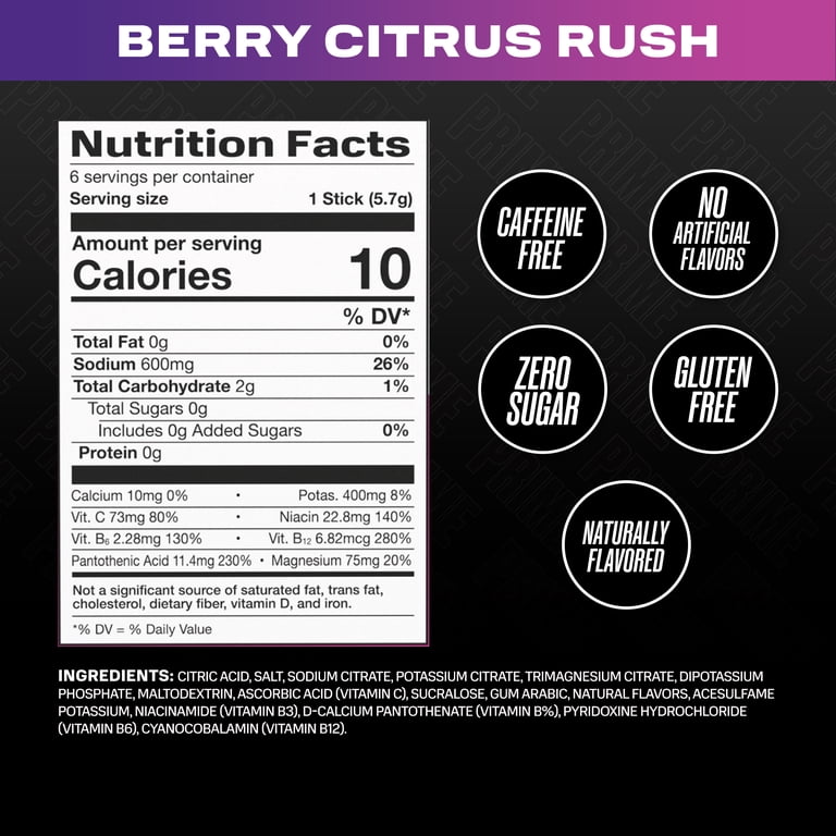 Prime Rapid Rehydration Sticks, Berry Citrus Rush, 6 Count, Box