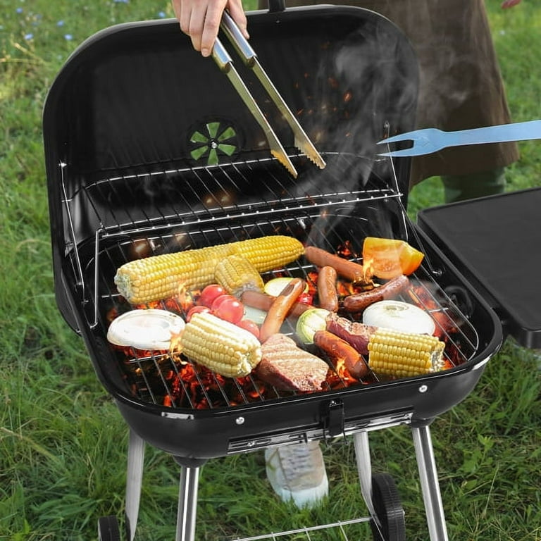 28 Portable Charcoal Grill with Wheels and Foldable Side Shelf Large BBQ Smoker with Adjustable Vents on Lid for Outdoor Party Camping Picnic