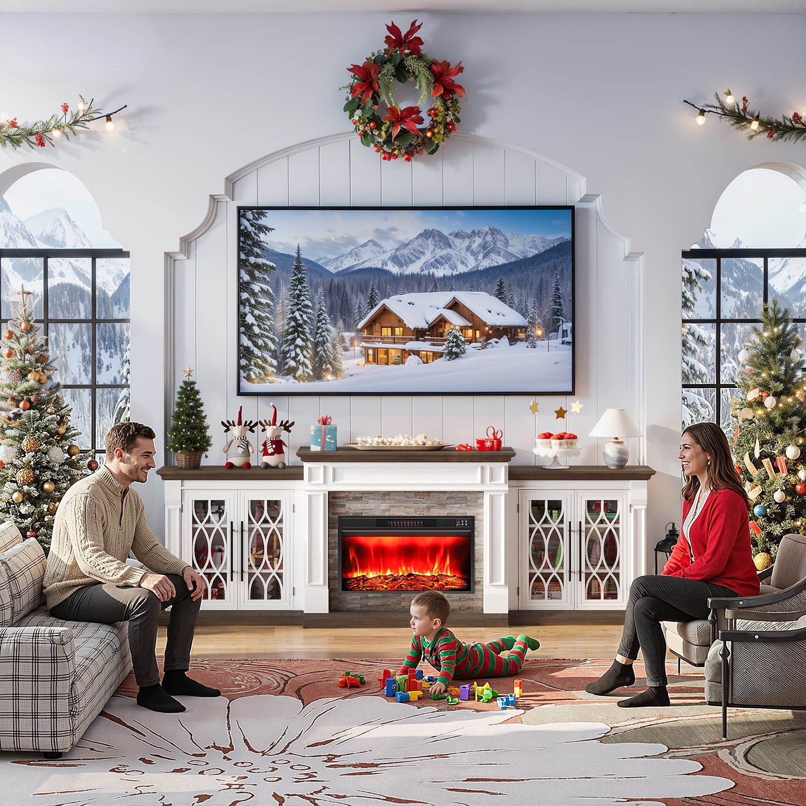 LGHM 104" Fireplace TV Stand with 30" Electric Heater, Large Farmhouse Entertainment Center with Storage Cabinet, Media Console for Living Room, White