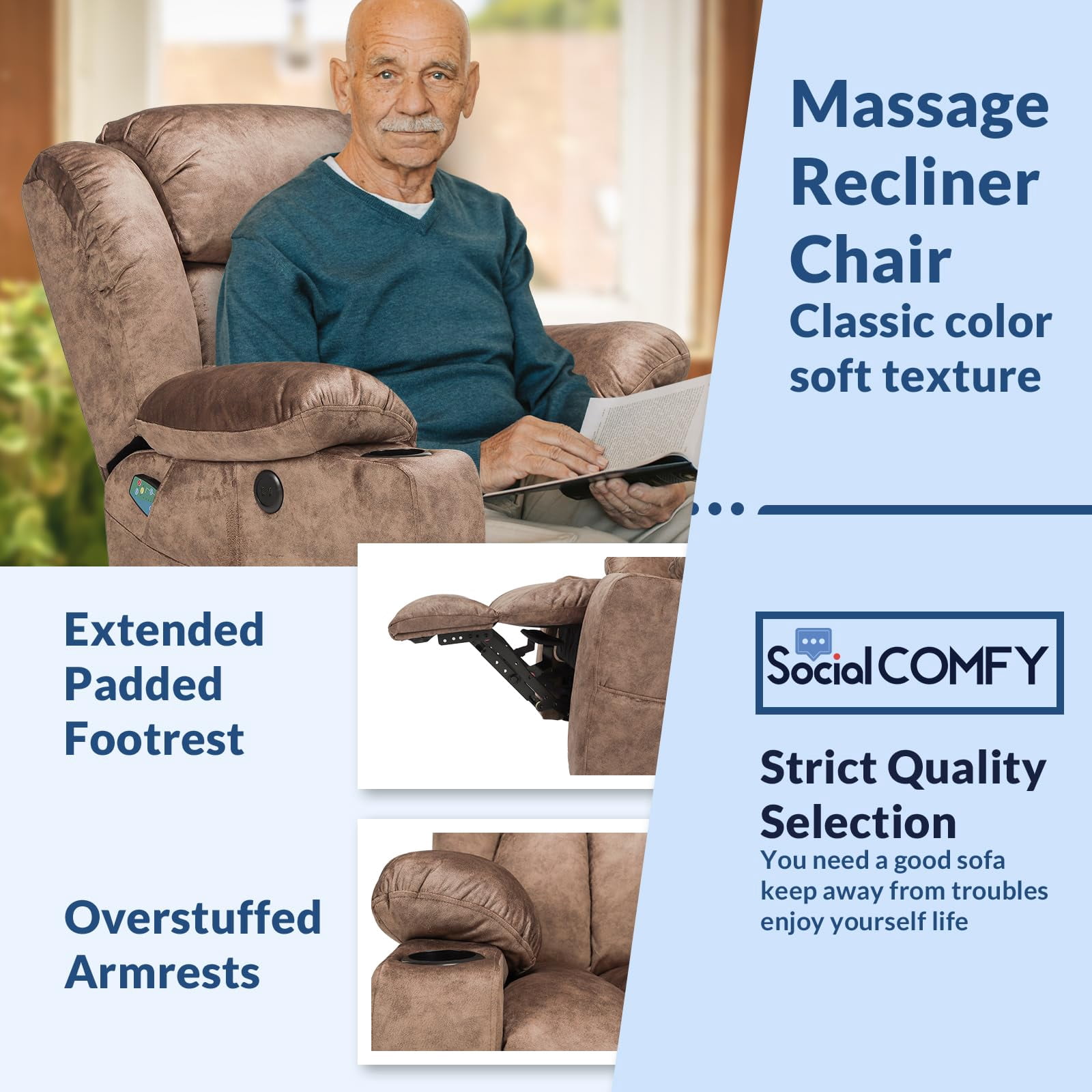 Manual Swivel Glider Rocker Recliner Chair with Heated Massage, 360° Swivel Overstuffed Lounge Chair with 2 Cup Holders, Side Pockets & USB Ports for Living Room, Fabric Brown