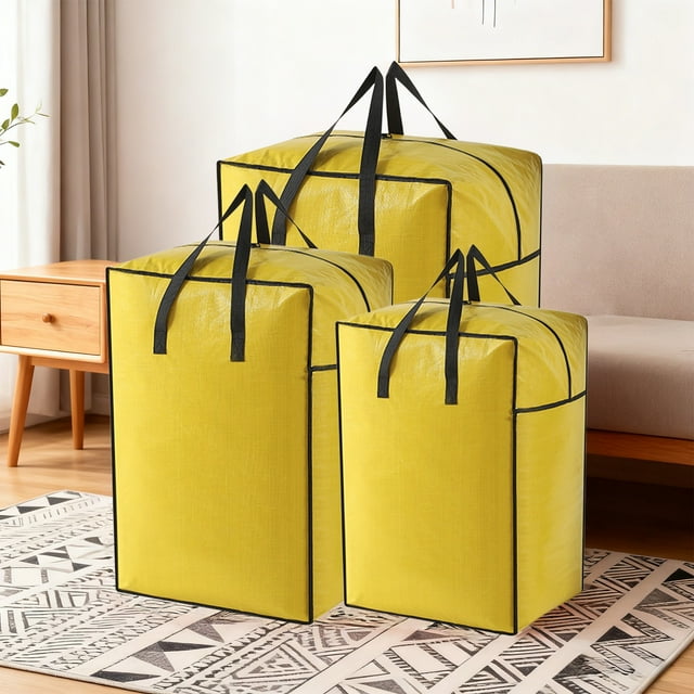 Fwttom Heavy Duty Moving Bags, Extra Large Waterproof Yellow Storage Bags with Zipper & Reinforced Handles, Storage Containers for Seasonal Clothes Bedding Quilt Packing