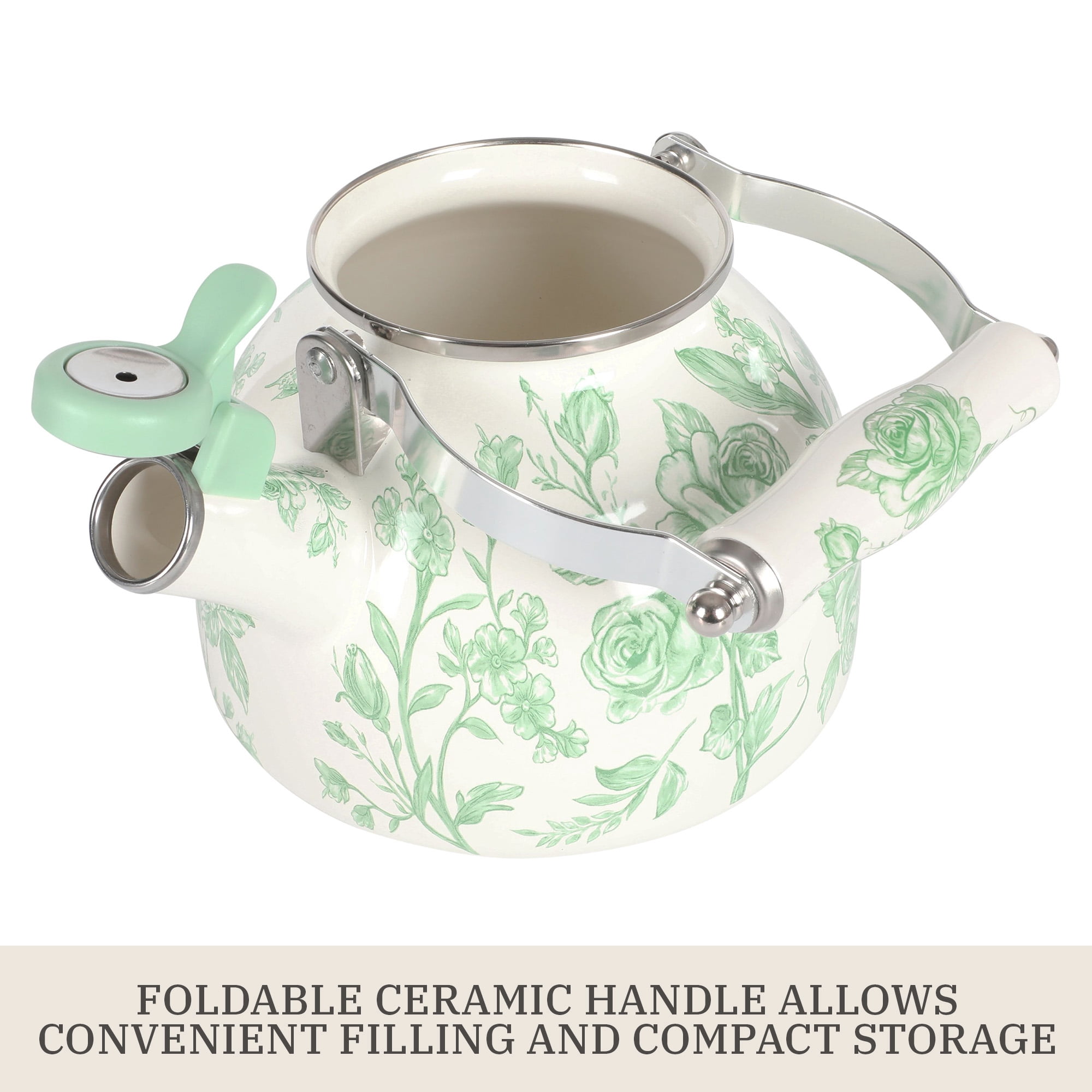 The Pioneer Woman Agatha 2.0-Quart Enamel on Steel Whistling Tea Kettle, Green
