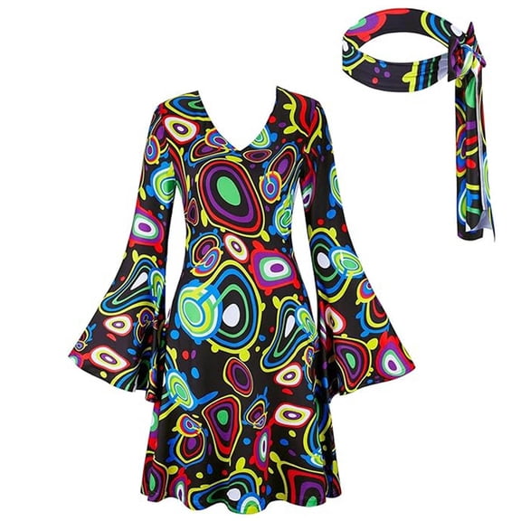 Kilaqueen 60s 70s Disco Dresses for Women Fashion Print Long Sleeve V Neck Dress with Headscarf Psychedelic Hippie Costume Set for Party Cosplay