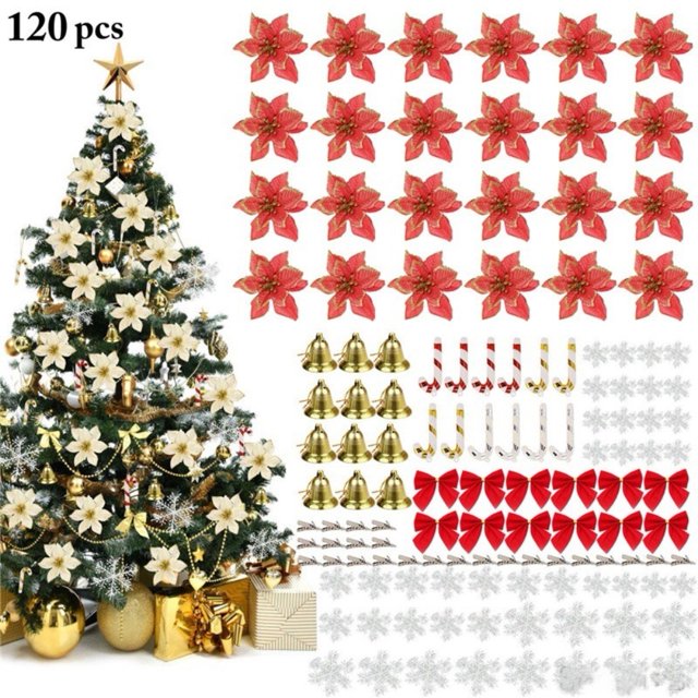 【En la entrega】 120 piezas Conjunto de decoración navideña Fiesta Decoración del hogar Colgante Árbol de Navidad Copo de nieve Campanas de mariposa