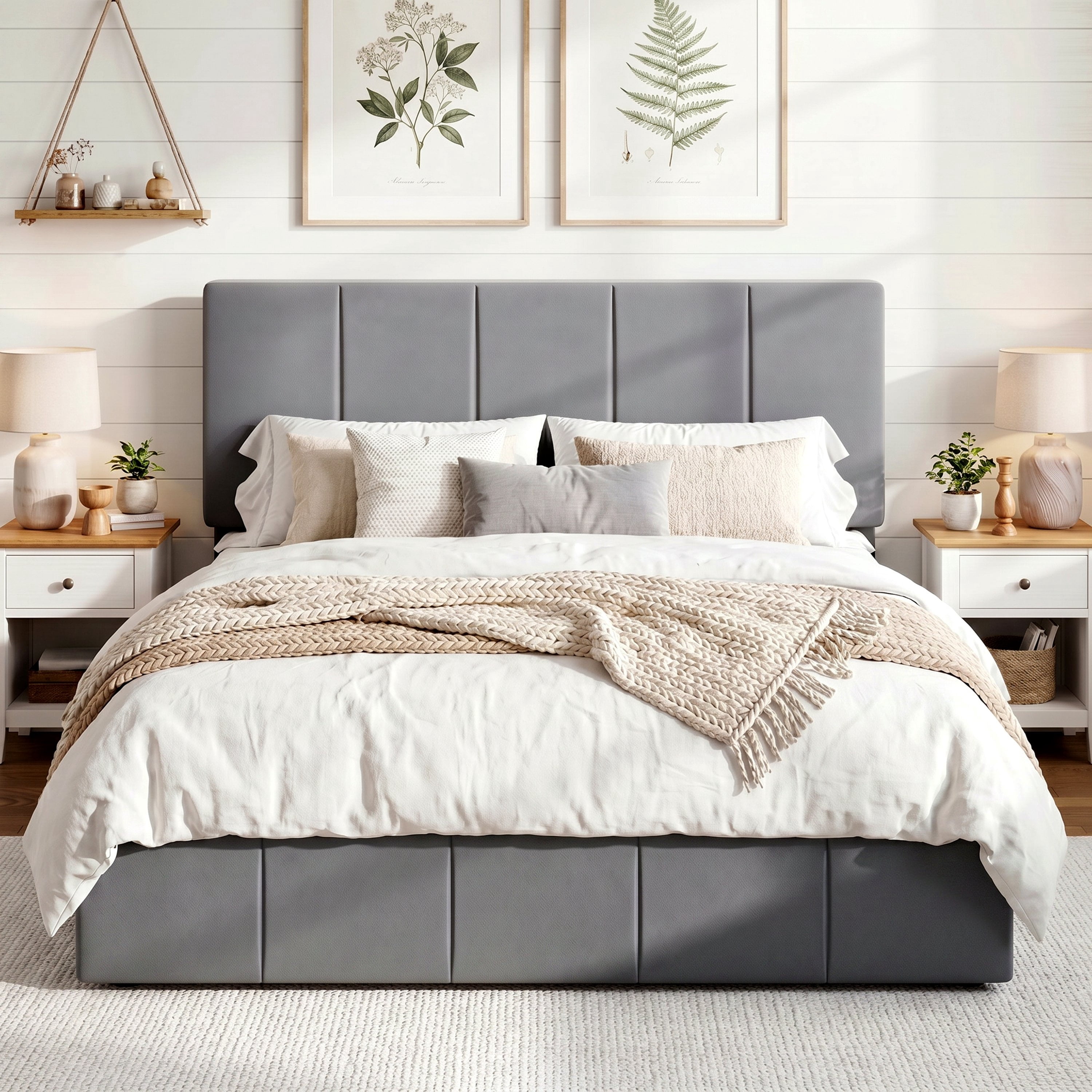 Einfach Full Size Bed Frame, Upholstered Platform Bed with Height Adjustable Headboard, Easy Assembly, Noise-Free, Grey