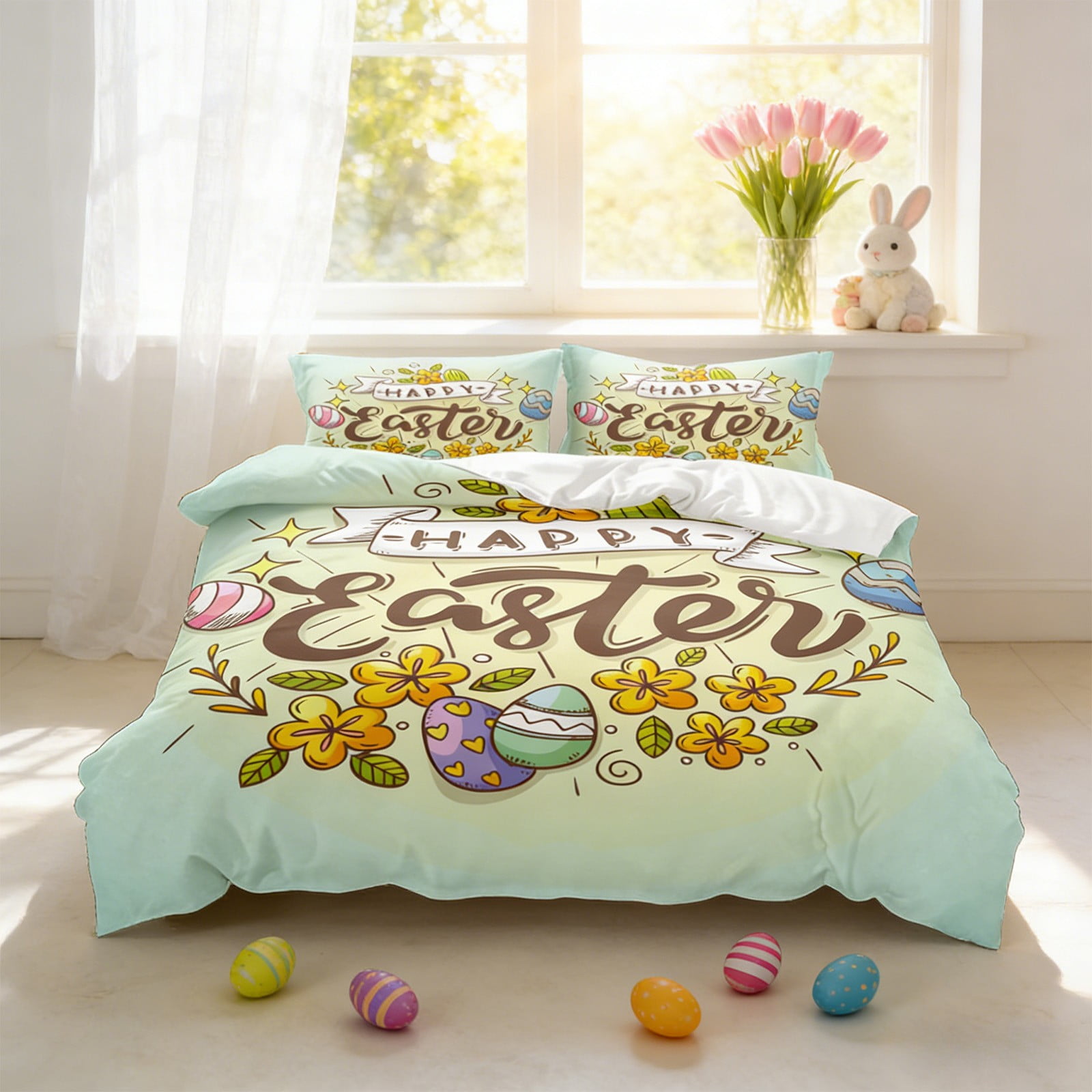 Easter Queen Comforter Set 3-Piece: Adorable Bunny & Egg Duvet Cover with 2 Standard Pillowcases | Spring Home Decor by PALIFEUR