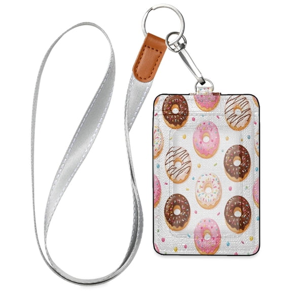 PU Leather Badge Holder Lightweight ID Card Holder with Window Pocket Cute Donut Pattern