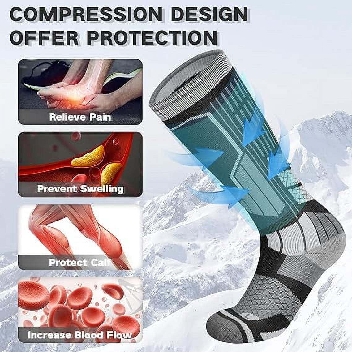 2 Pairs Merino Wool Ski Socks, Men Women Compression Snowboard Winter Thermal Socks for Skiing, Snowboarding, Cold Weather, Winter (Blackgrey USA Size 6.5-8)
