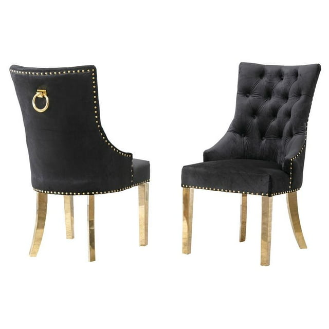 Double Tufted Black Velvet Side Chairs with Gold Stainless Steel Legs