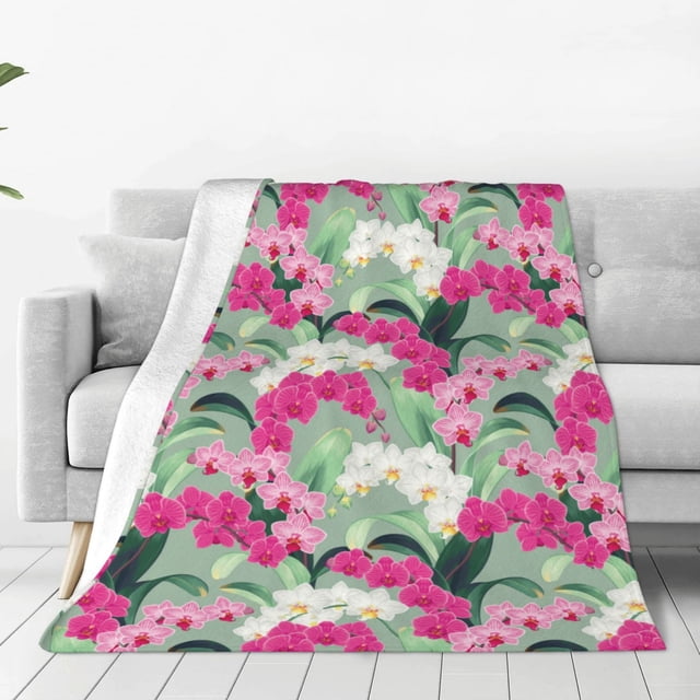 Balery Orchids Flowers Manta de Felpa Suave y Acogedora – Cobija de Franela Aterciopelada para Cama, Lavable y Cálida para Sofá, Mascotas, Transpirable-80"x60"
