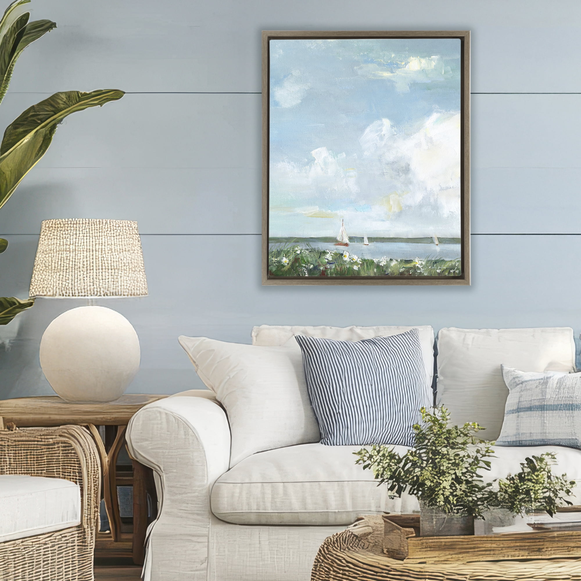 Stupell Industries Seaside Sailing Under Clouds Brown Framed Floater Canvas Wall Art, design by Sally Swatland