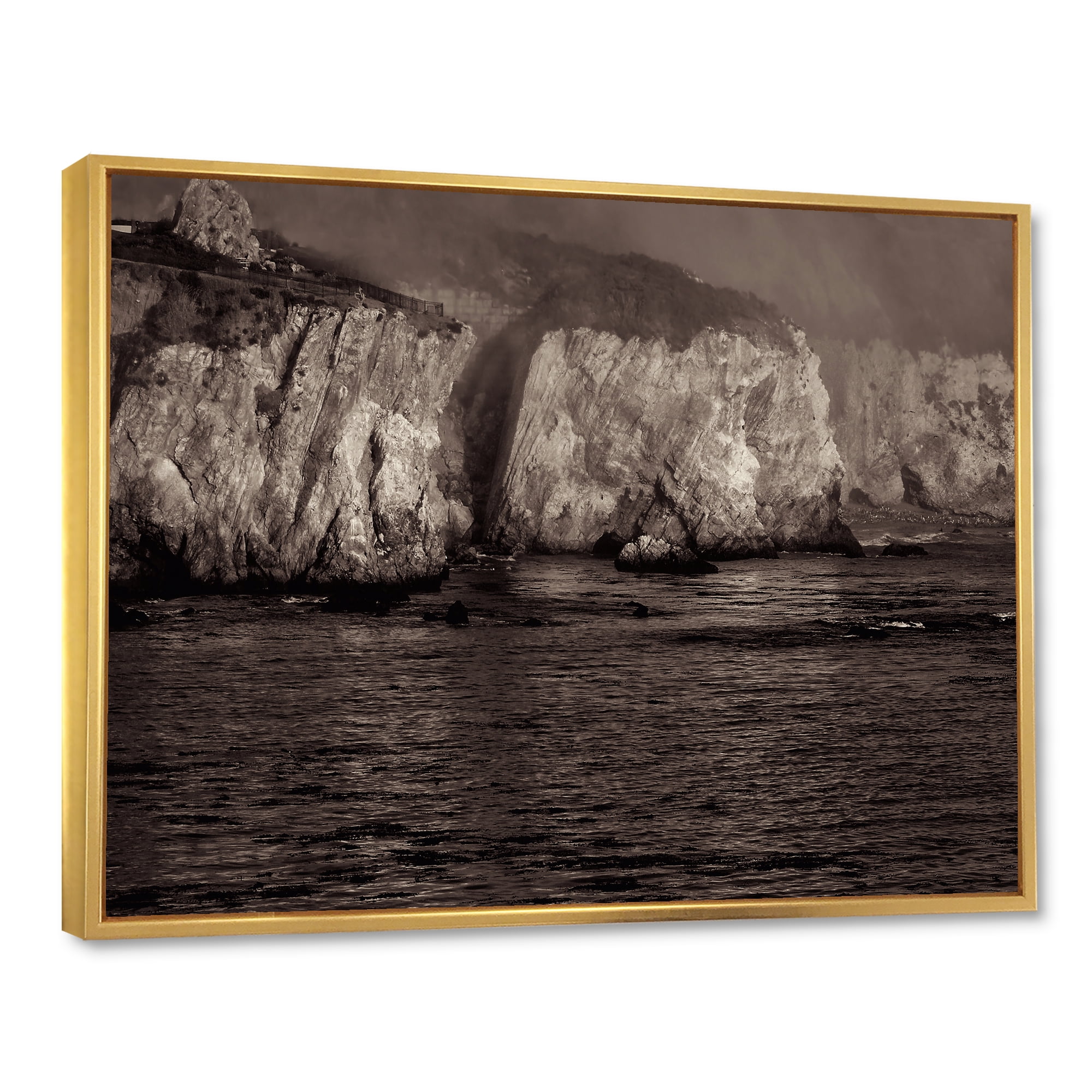 Designart 'Gold Cliffs Over Sea In The Fog' Modern Framed Canvas Wall Art Print