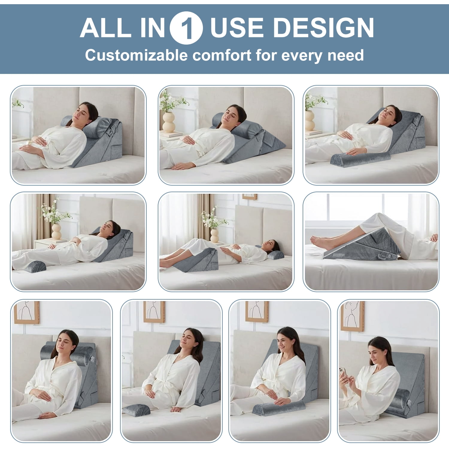 MOONORAH Wedge Pillow for Sleep Apnea, Adjustable Wedge Pillow Headboard, Bed Wedge Pillow for Acid Reflux and Back Pain Relief, Pillow Wedge for Sleeping with Neck Support Pillow, Flannel, Grey