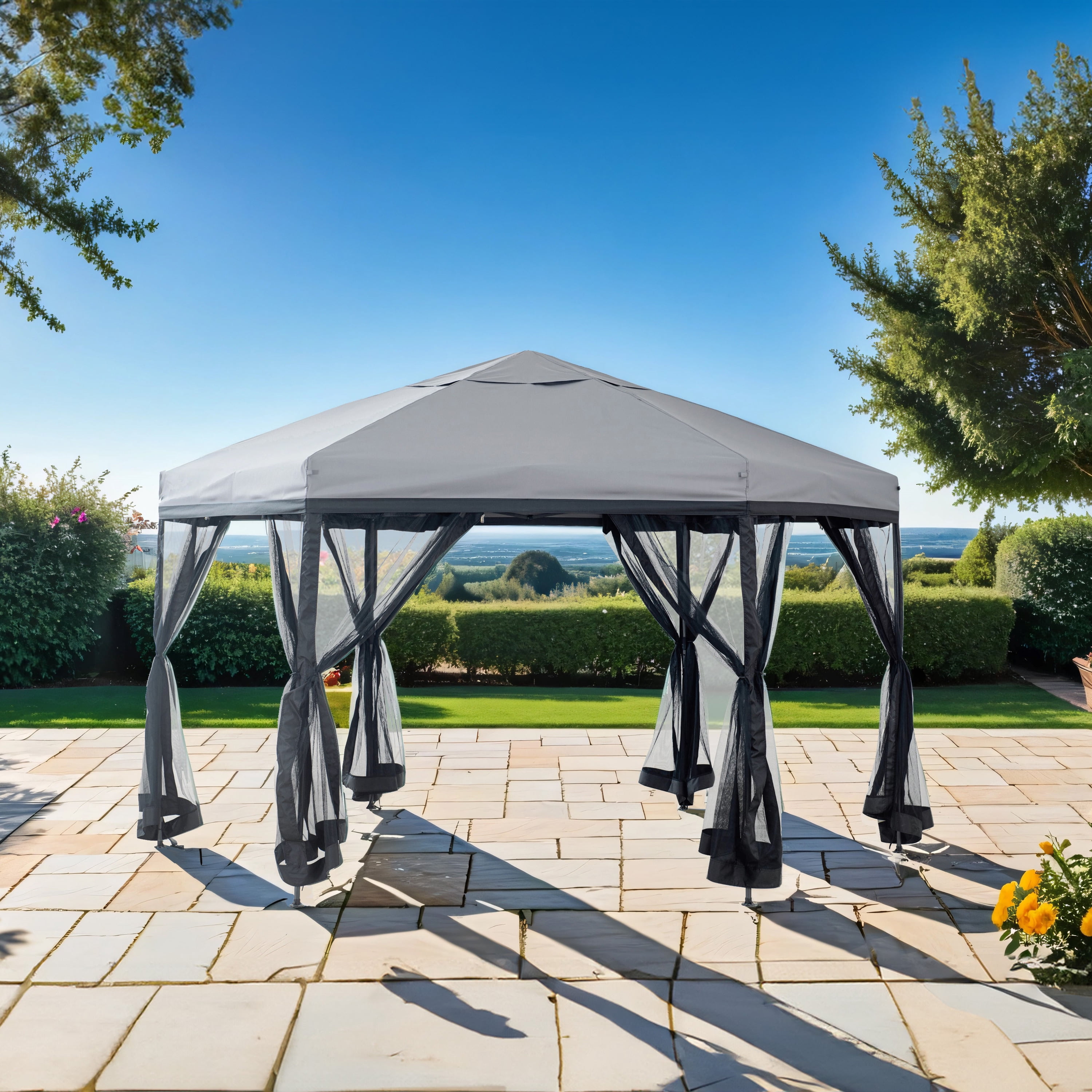 Furniture of America Aaron 11'x11' Outdoor Gazebo with Soft Top Canopy and Mosquito Netting, Gray