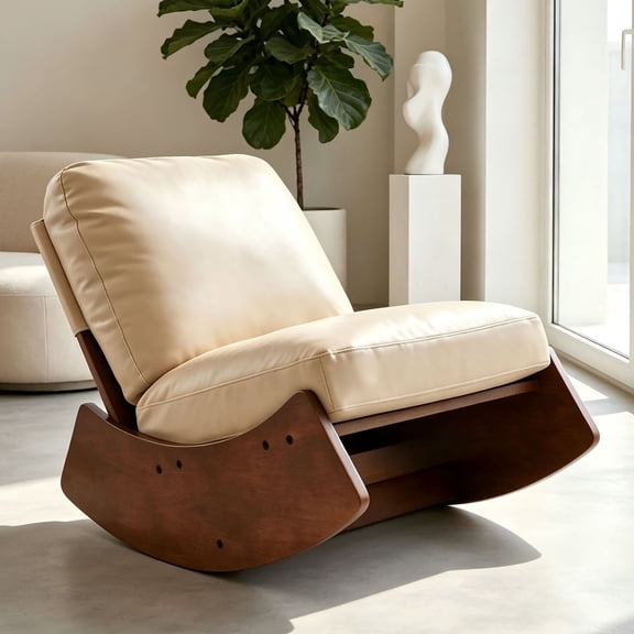 Upholstered Glider Chair, Faux Leather with Solid Wood Frame, Accent Furniture for Bedroom and Living Room, Cream