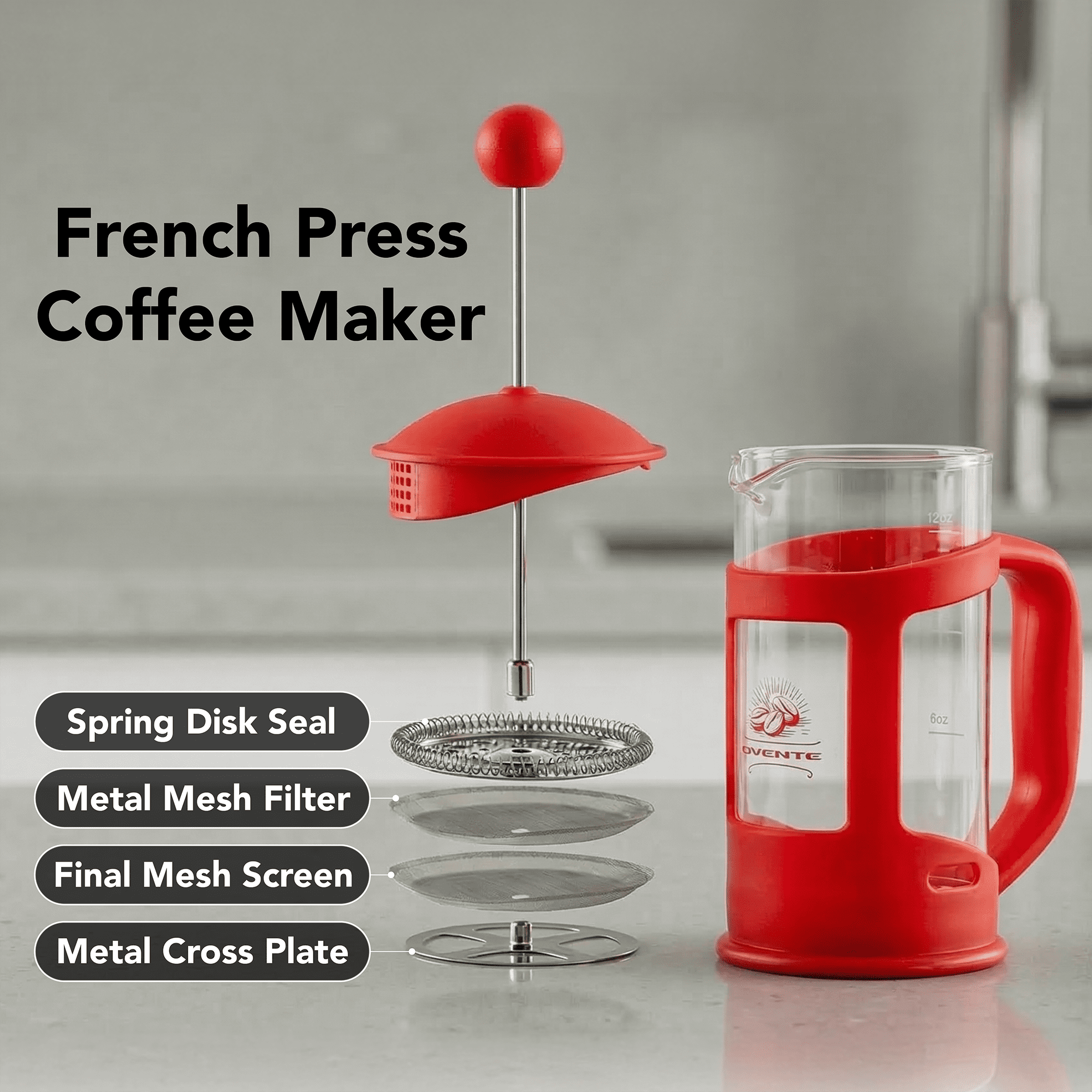 OVENTE 12 oz French Press Coffee Maker, 4-Level Stainless Steel Filter, Borosilicate Glass, Dishwasher Safe, Hot & Cold Brew, Portable for Travel & Camping, Red, FPT12R