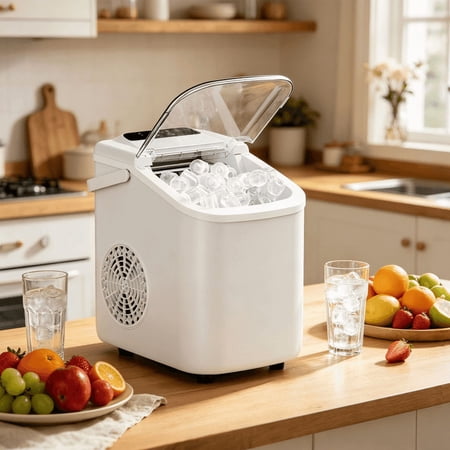 Portable Countertop Ice Maker with Handle, Self-Cleaning Bullet Ice Maker, 9 Ice Cubes Ready in 6 Minutes, 26lbs/24H, Eco-Friendly with Ice Scoop & Basket for Home, Office, Bar, Party, RV (White)