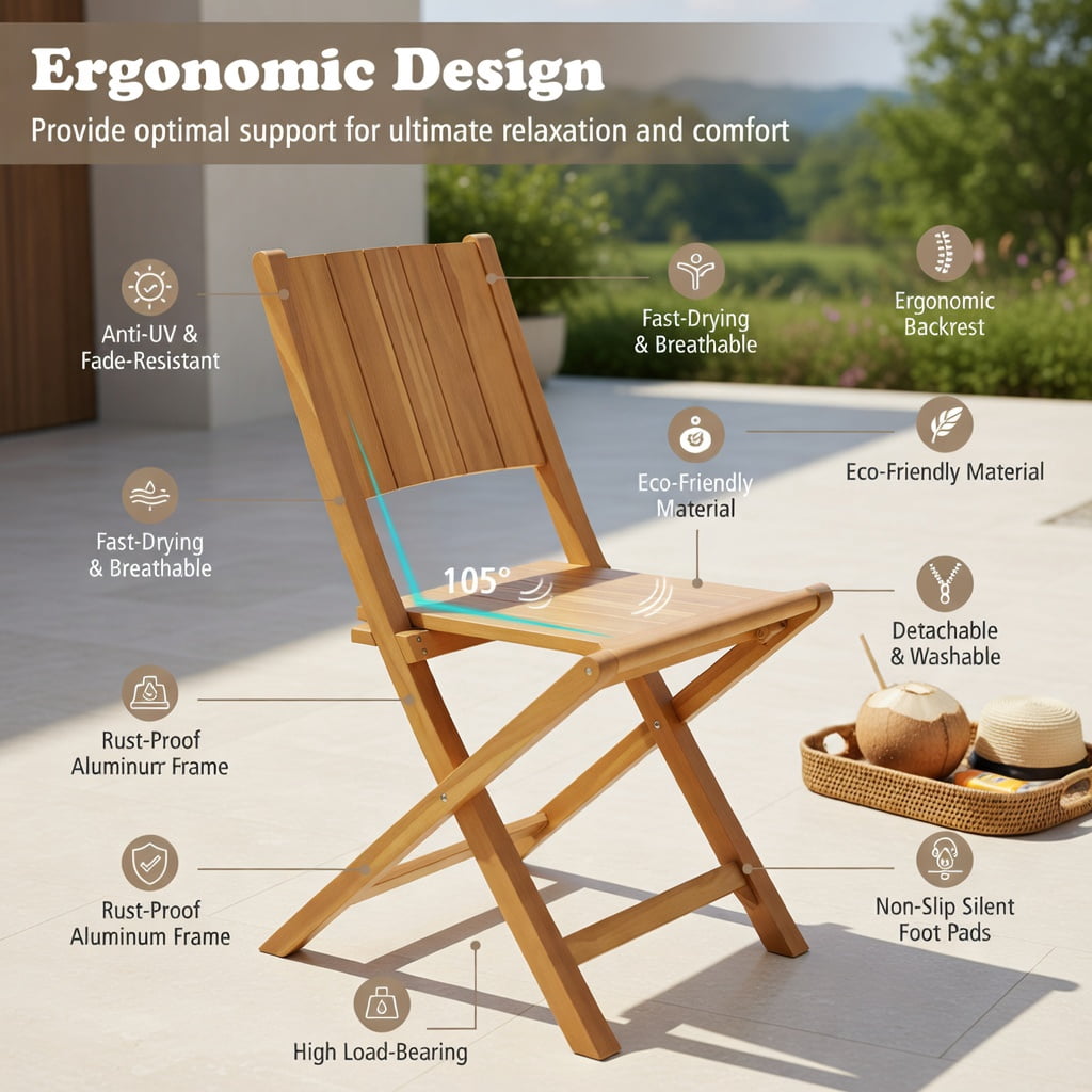 Hommoo 2-Pack Teak Wood Outdoor Dining Chairs, Foldable Slatted Seat, Ergonomic 105° Backrest, No Assembly Required for Patio, Porch & Garden, Natural