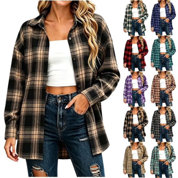 Women's Collared Loose Long Sleeve Plaid Shirt,Oversized Casual Button Down Shacket Jacket,Coffee,Women's Plus Size L