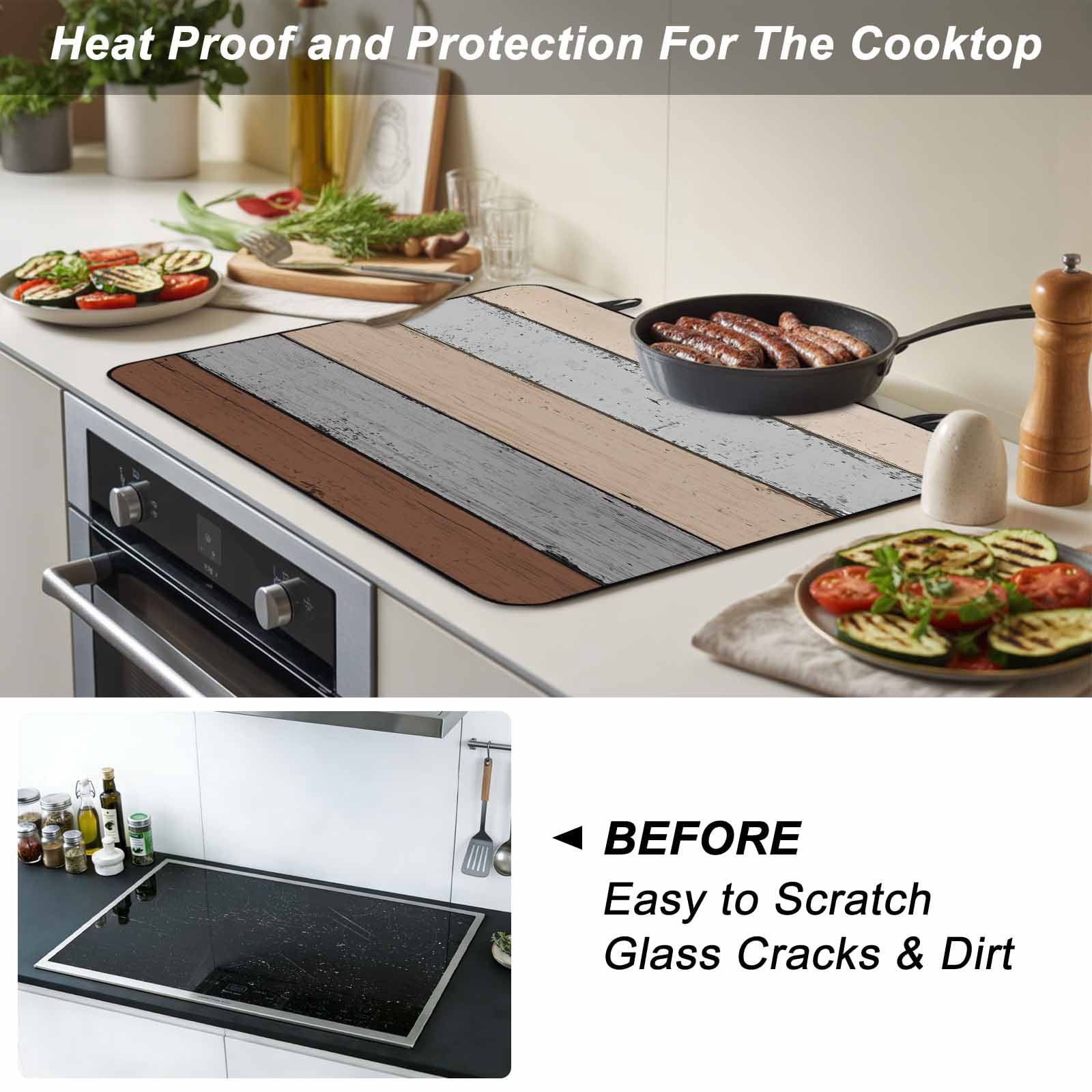 Brown Wooden Stove Top Cover for Electric Stove, Heat-proof & Non Slip Glass Top Stove Cover Protector, Grey Stripe Gradient Country Rustic Grain Kitchen Flat Cooktop Rubber Mat 31x24 Inches