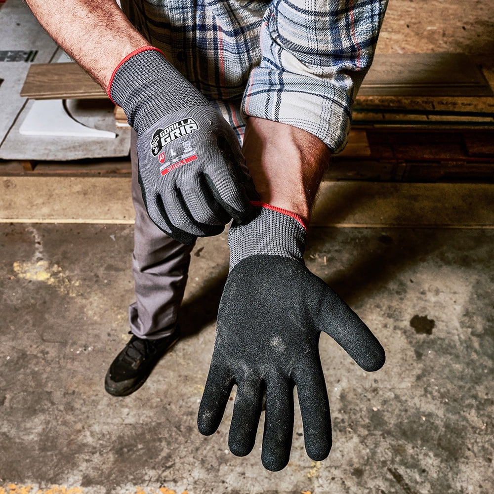 Gorilla Grip Work Glove, ANSI A5 Cut Resistant Nitrile Coated Men's Gloves, Superior Grip in Wet Conditions, Touchscreen, Gray, Large, 1 Pair