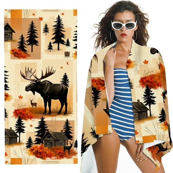 RKSupls Fall Moose Cabin Forest Microfiber Beach Towel, Extra Large Quick Dry Lightweight Absorbent Towel for Travel Swimming Camping, Soft Super Absorbent- 30x60 in