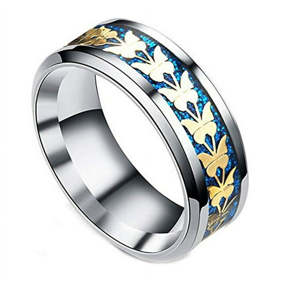 Wedding Rings Women 6mm Steel Silver & Blue Ring Gold Butterfly Butterflies