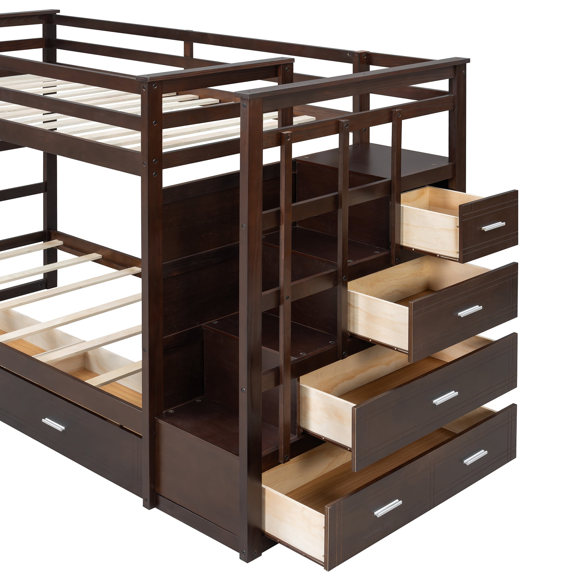Aukfa Twin over Twin Bunk Bed with 7 Storage Drawers, Wood Bunk Bed with Staircase, Space Saving Design for Kids Bedroom, Espresso