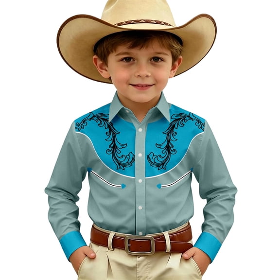 Hiijoy Boys Cowboy Long Sleeve Shirt Vintage Button Down Western Shirt Top, Sizes 4-5