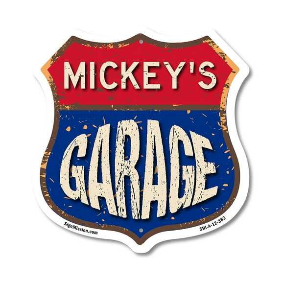 Mickey's Garage 12 inch X 12 inch Shield-Shaped Rust-Free Aluminum Metal Sign Weather Resistant, UV Protected To last, Gift for Dads and Uncles Classic Americana Crafted in the USA