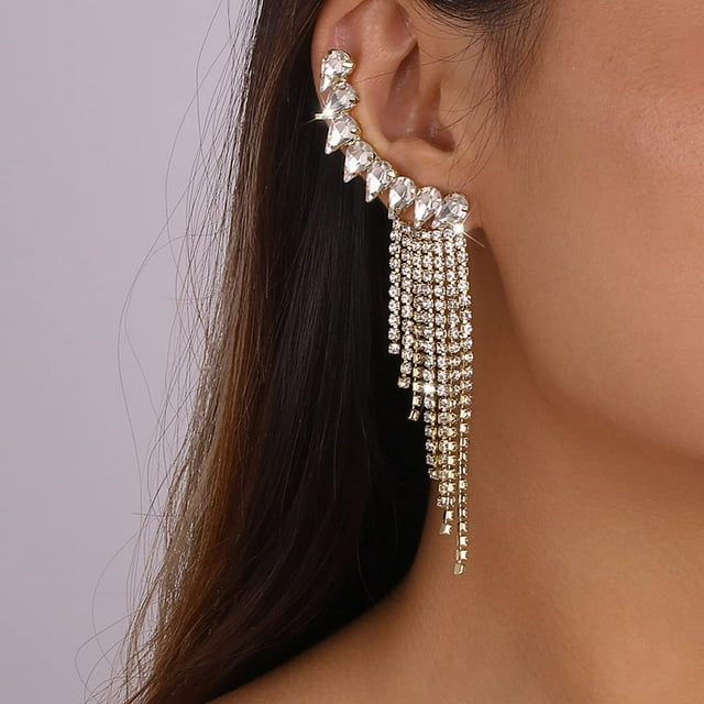 Aretes colgantes de borla larga con diamantes de imitación geométricos, aretes colgantes de cristal brillante para mujeres y niñas (dorado) TUNC Sencillez