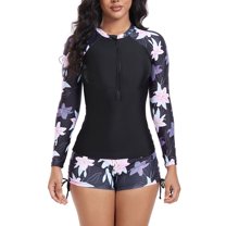 Feimerou Long Sleeve Bathing Suit for Women Modest Two Piece Rashguard Swimsuits Wetsuit Rash Guard Shirts and Swim Shorts Surf Suits