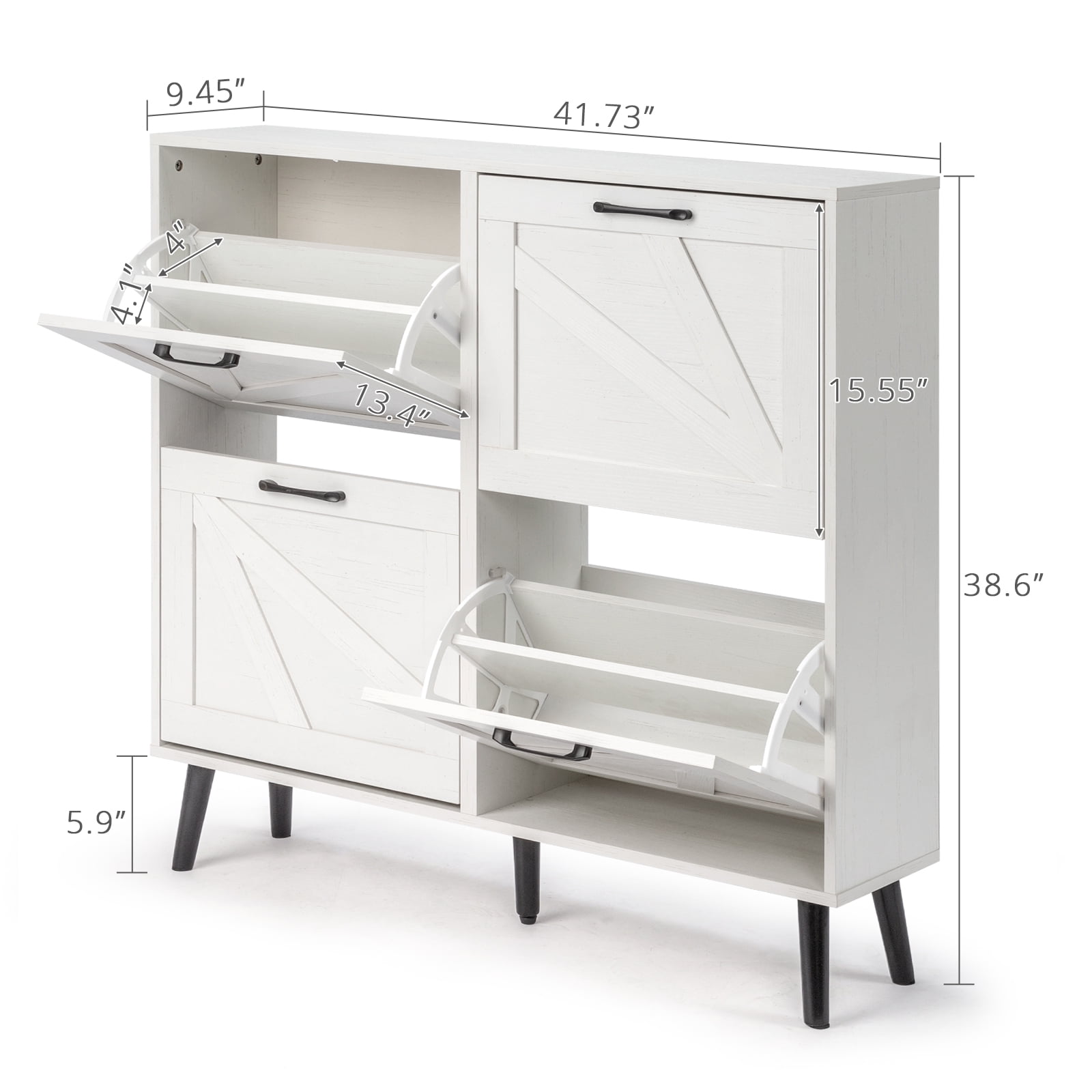 AsterOutdoor Barn Door Shoe Cabinet 4 Flip Top Compartments Triple Amine Laminated Particle Board Solid Wood Legs, Rustic White