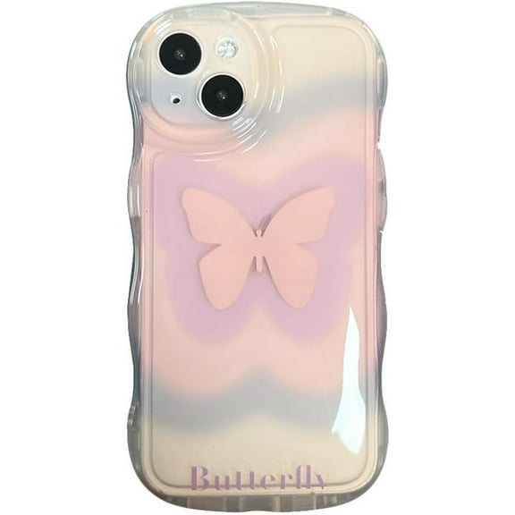 Compatible with iPhone Case,Clear Curly Wave Water Ripple Frame Gradient Butterfly Camera Lens Protection Soft Shockproof Cover Phone Case (Pink,iPhone 13)
