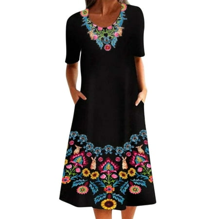 

HSMQHJWE Womens Sun Dresses Summer Maternity Surplice Dress Women Dress Casual O Neck Flowers Print Half Sleeve Swing Dress Loose A Line Dress With Pocket Midi Beach Sundress Winter Dresses For Wome