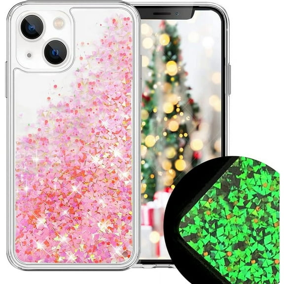 Compatible with iPhone 14 Bling Glitter Case Glow in The Dark Funny Moving Liquid Shiny Sparkle Flowing Quicksands Waterfall Noctilucent Fluorescent for Women Girls Case Pink